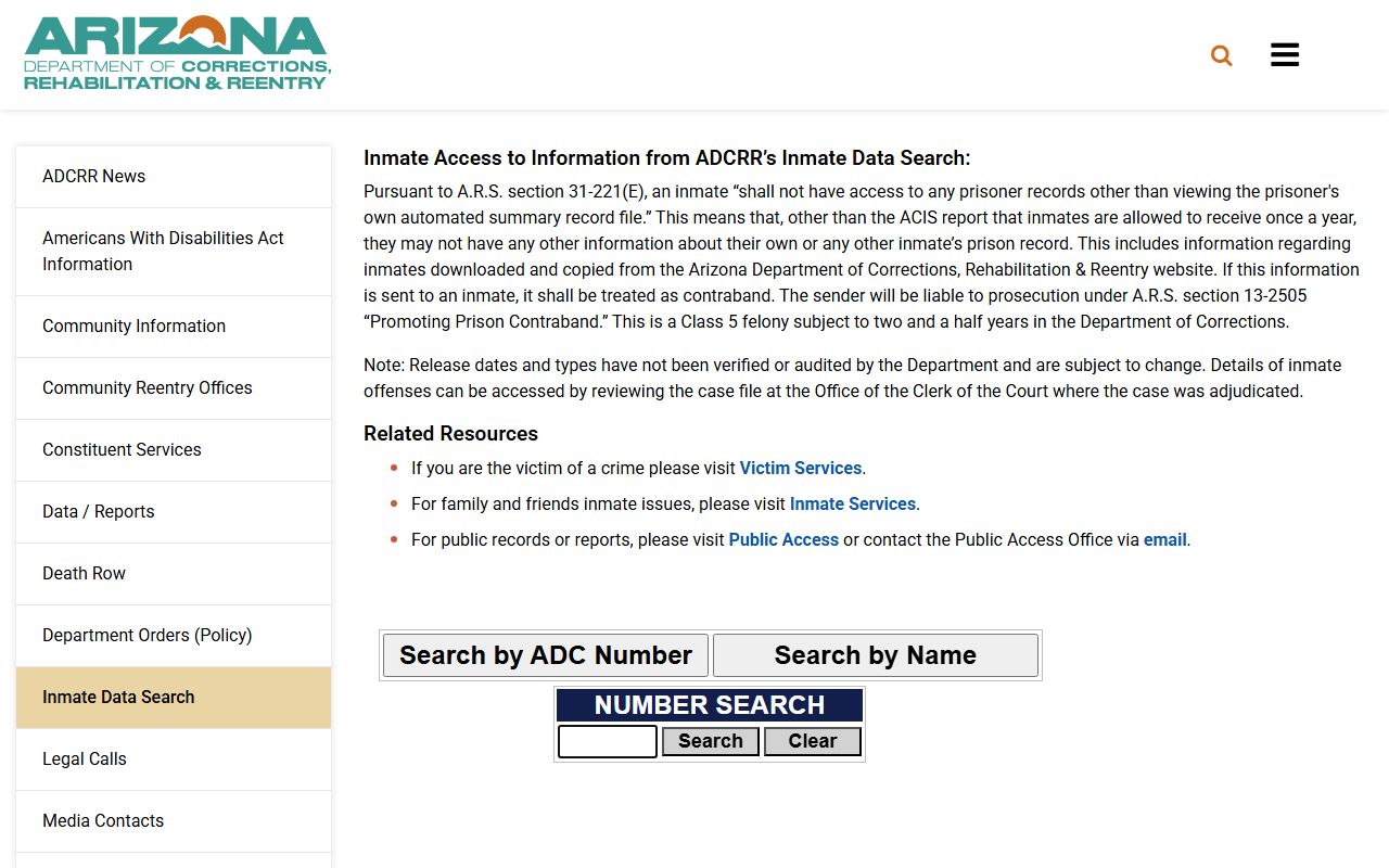 Coconino County inmate search fallback using ADCRR inmate data search for state prisoners