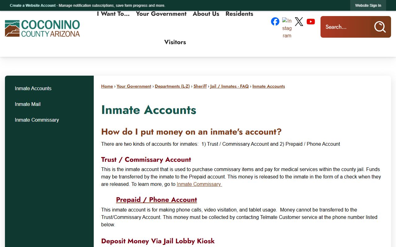 Coconino County Page Jail Facility inmate account deposit options