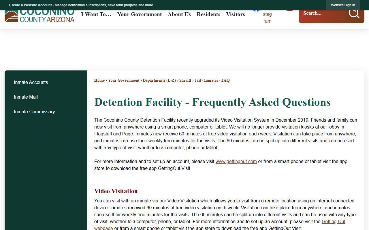 Coconino County Page Jail Facility video visitation information