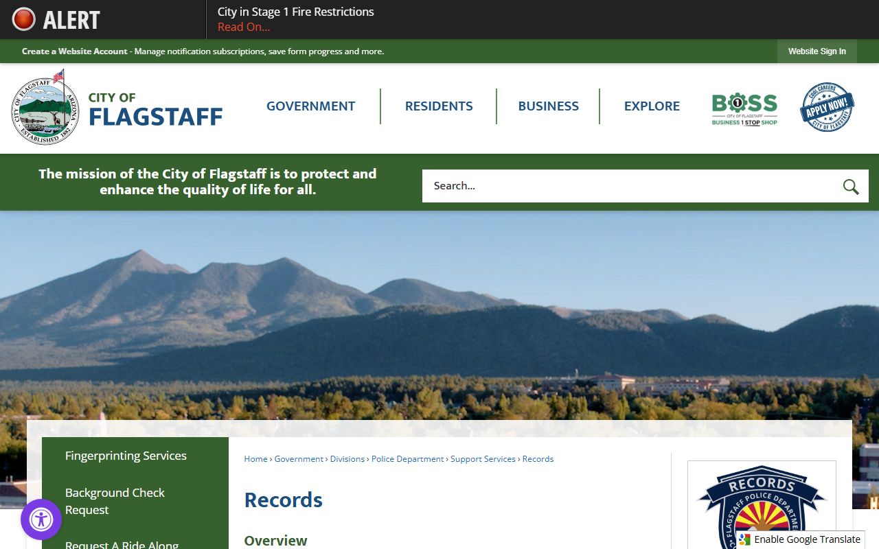 Coconino County inmate records fee schedule and records request page