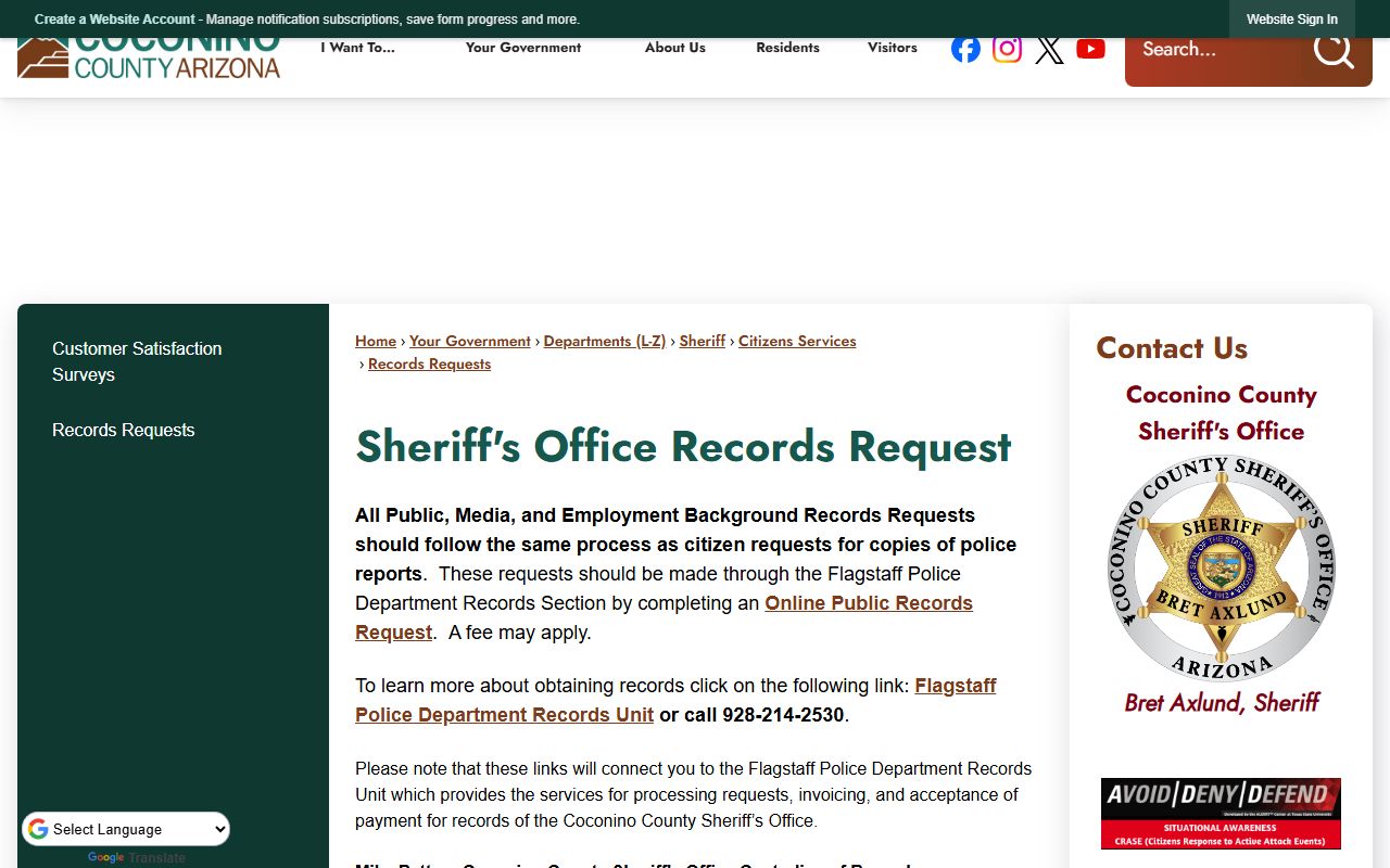 Coconino County inmate records request page for sheriff and detention records